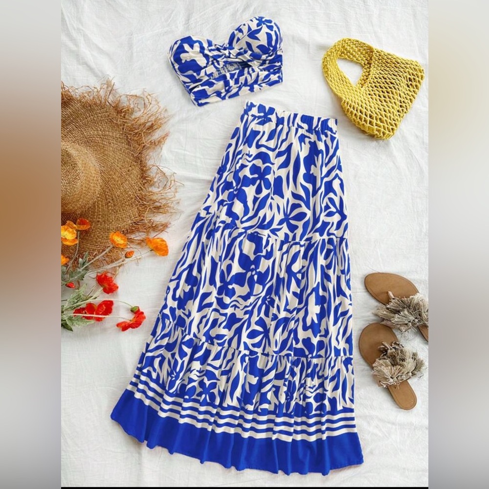 SHEIN Blue and White Floral Two-Piece Set